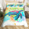 A colorful sea turtle design printed on a duvet cover set with matching pillowcases.