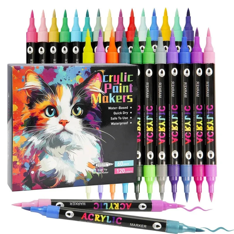 A set of acrylic paint markers featuring a cat design in various bright colors and tips.