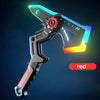 A futuristic light-up sword and axe toy with a dark gray handle and glowing blue and orange accents.