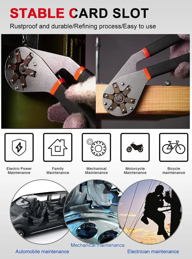 A pair of silver and black adjustable pliers with a non-slip handle used for various maintenance tasks.