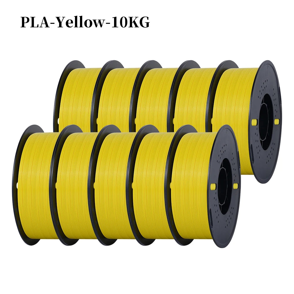 A bundle of ten yellow PLA filament spools, each weighing 10KG, ready for 3D printing.