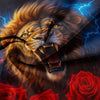 A fierce lion's face with glowing blue lightning and red roses overlaid on a dark background.