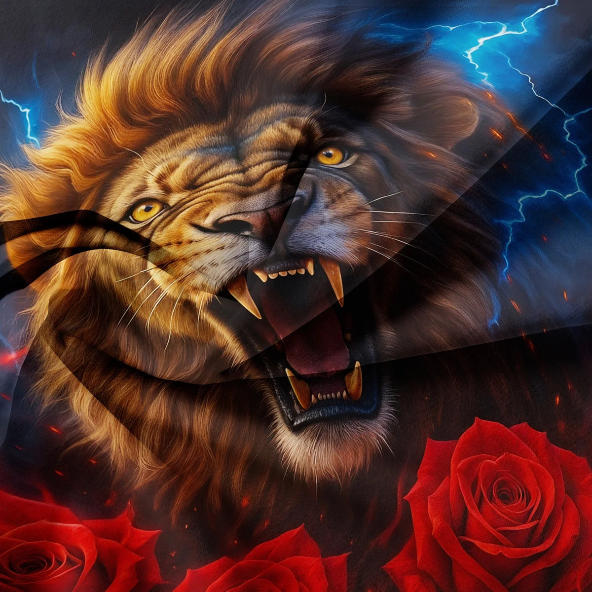 A fierce lion's face with glowing blue lightning and red roses overlaid on a dark background.