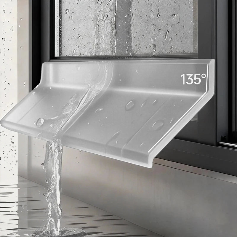 A transparent sealing strip is shown dripping water from a window frame.