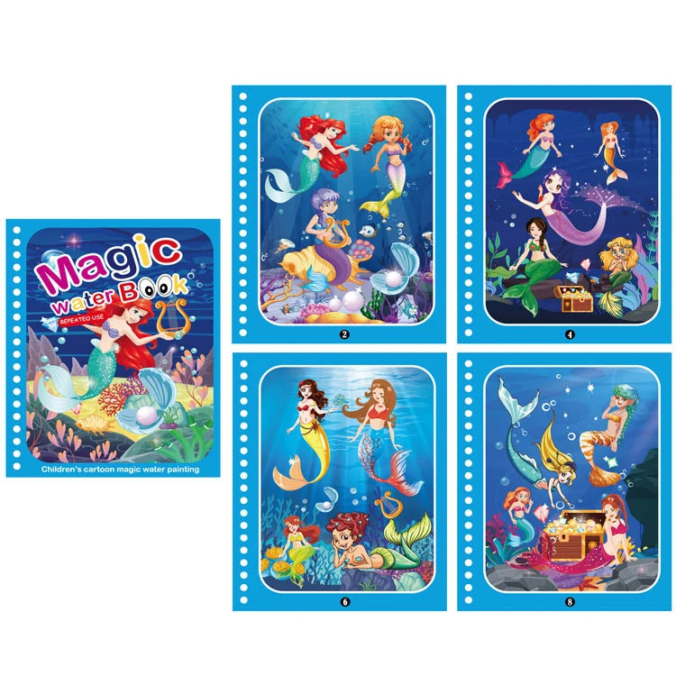 A set of six reusable magic water drawing books featuring colorful illustrations of fairies and magical scenes.