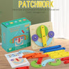 A set of colorful wooden geoboard shapes and a box demonstrating hand-eye coordination activities for children.