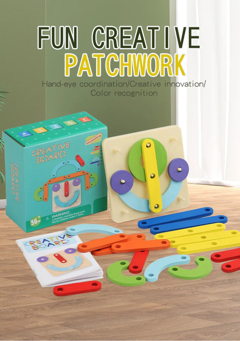 A set of colorful wooden geoboard shapes and a box demonstrating hand-eye coordination activities for children.