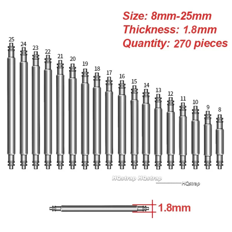 Assortment kit of 270 stainless steel watch spring bars, 8mm-25mm size, 1.8mm thickness.