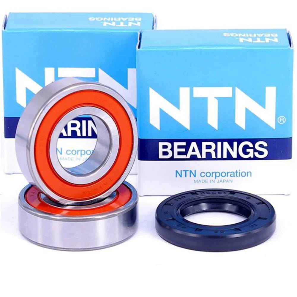 Boxed NTN bearings including a silver ball bearing and a black seal ring.