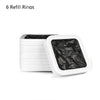 A stack of six white refill rings for a smart kitchen trash can.