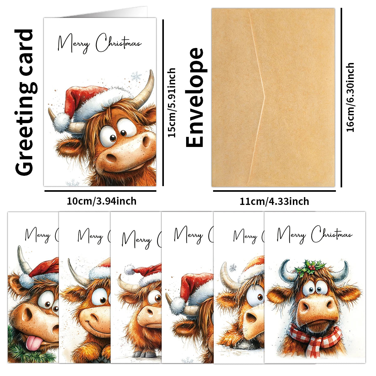 A set of twelve adorable Highland cow Christmas greeting cards featuring various expressions and a matching envelope.