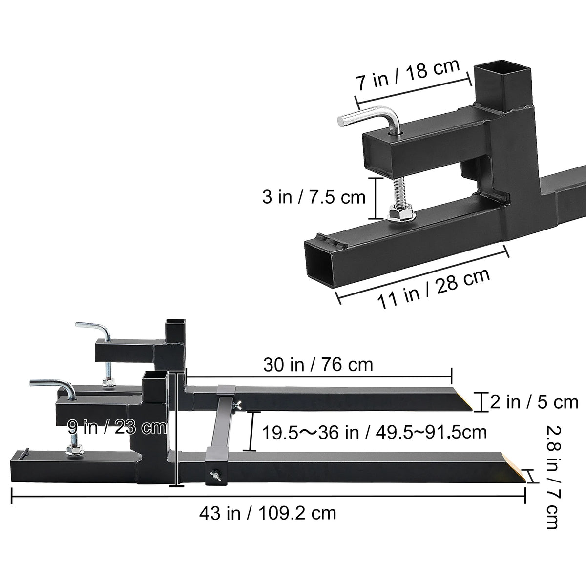 Black heavy duty clamp-on pallet forks measuring 43 inches long with various dimensions shown.