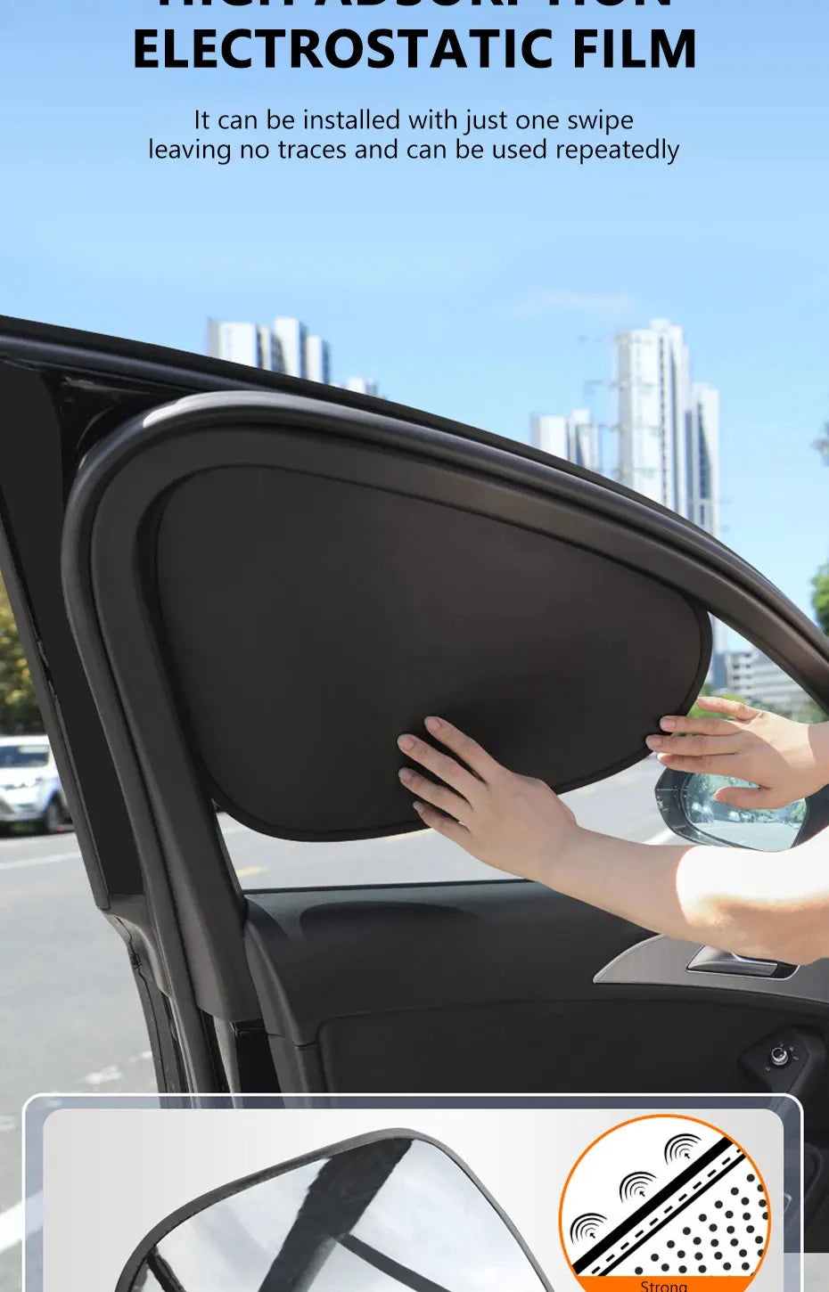 A hand is applying an electrostatic film to a car window, demonstrating the installation of an electrostatic film.