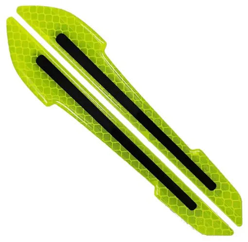 A pair of bright lime green reflective safety strips for a car mirror.