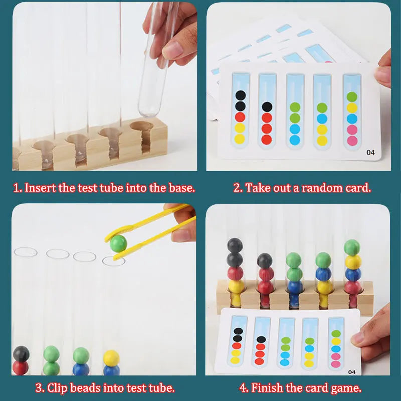 Montessori wooden bead sorting game using test tubes and cards for sorting practice