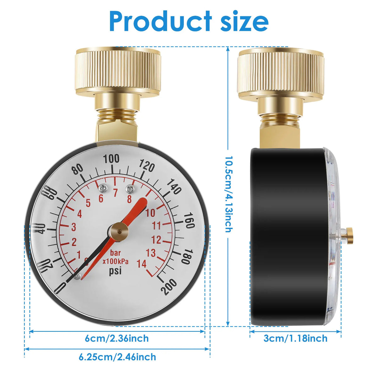 A silver water pressure test gauge with a brass fitting and a black hose thread, showing pressure readings up to 200 PSI.