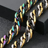 A pair of chunky stainless steel Cuban chain bracelets featuring black and gold links with iridescent blue accents.