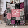 A black and pink flannel throw blanket featuring quotes about sisters and sisterhood.