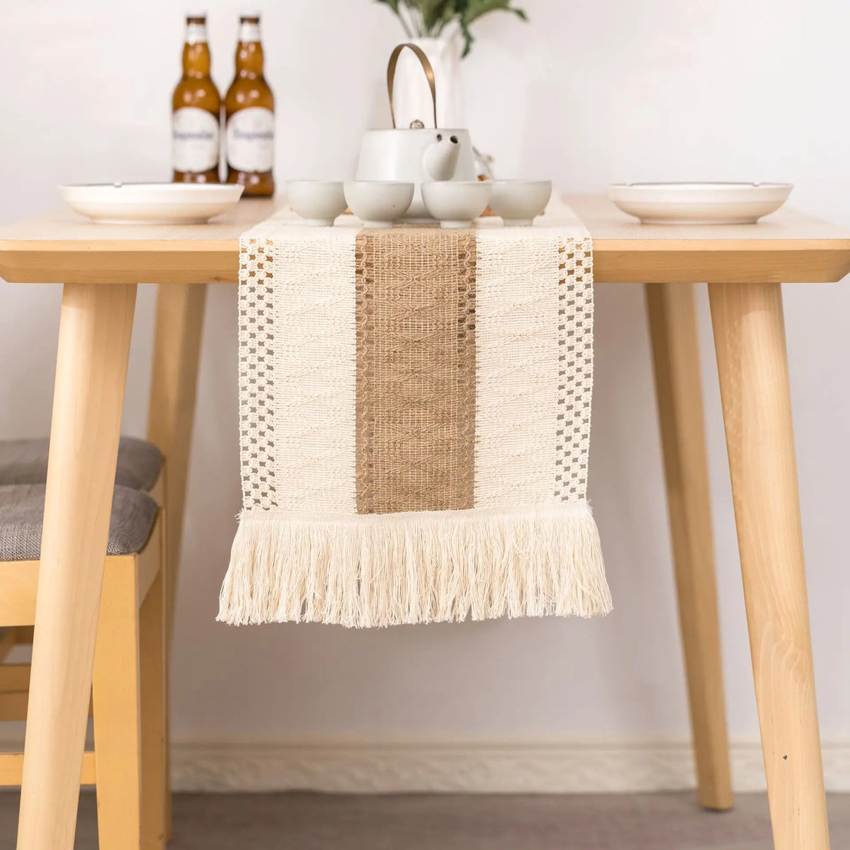Boho Cotton Tassel Table Runner for Farmhouse & Wedding Decor