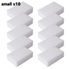 Ten small white melamine sponge cleaning erasers arranged in two vertical rows.