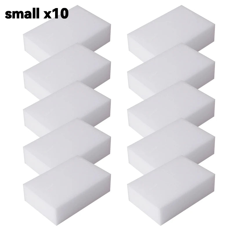 Ten small white melamine sponge cleaning erasers arranged in two vertical rows.