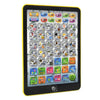 A yellow tablet displaying a grid of colorful buttons for learning Spanish and English words.
