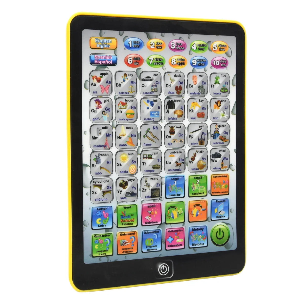 A yellow tablet displaying a grid of colorful buttons for learning Spanish and English words.