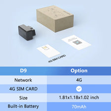 A beige box, a black device, and a 4G SIM card are displayed on a light blue surface with technical specifications.
