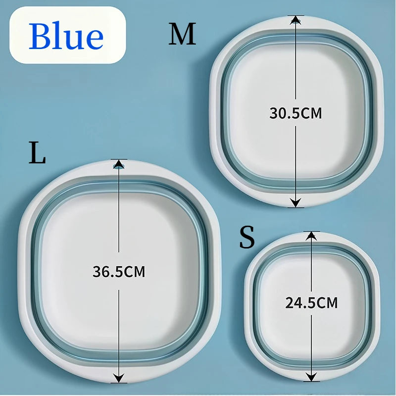Three sizes of blue silicone washbasins labeled Blue, L, and M, showing different diameters.