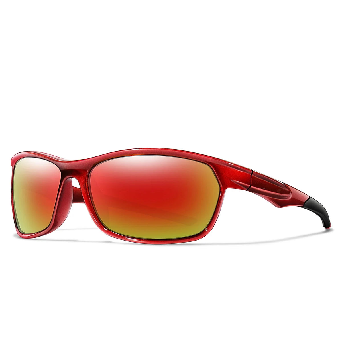 A pair of red polarized sports sunglasses with tinted lenses and black arms.