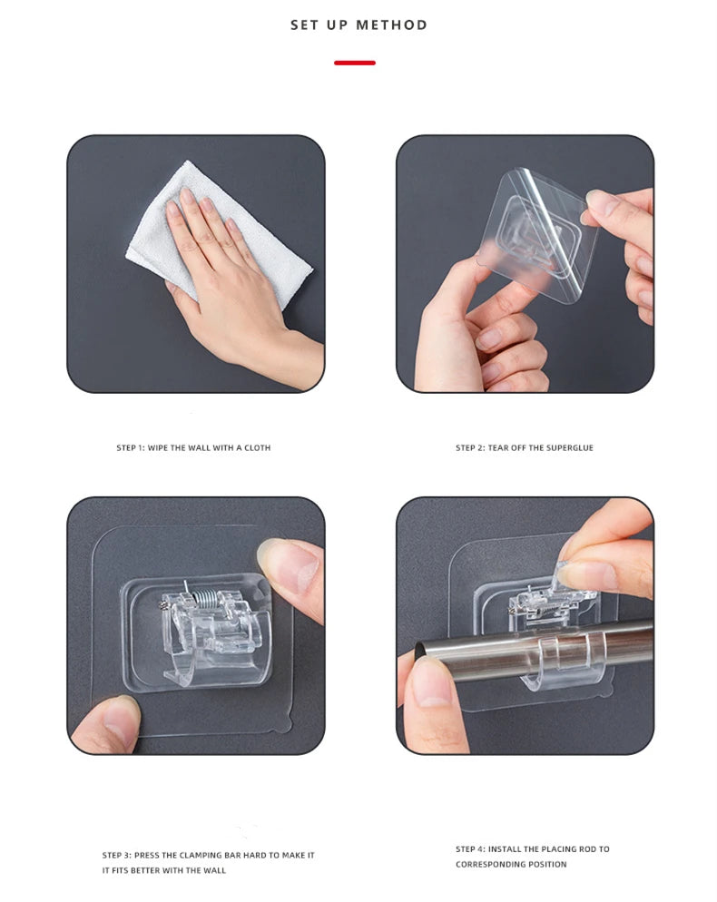 Self-Adhesive Curtain Rod Holders - No-Drilling Clamp Hooks