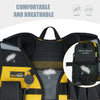 A black and yellow tool vest with a Velcro closure pocket and mesh fabric details.