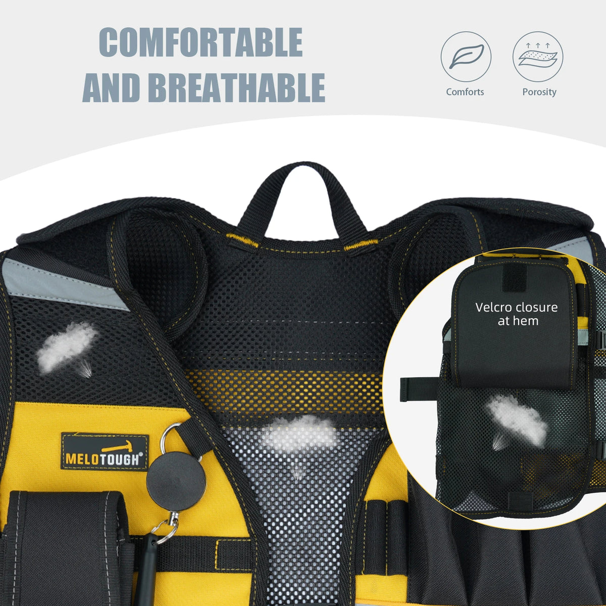 A black and yellow tool vest with a Velcro closure pocket and mesh fabric details.
