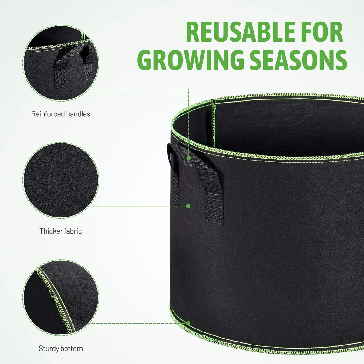 Black reusable grow bag with reinforced handles, thicker fabric, and sturdy bottom.