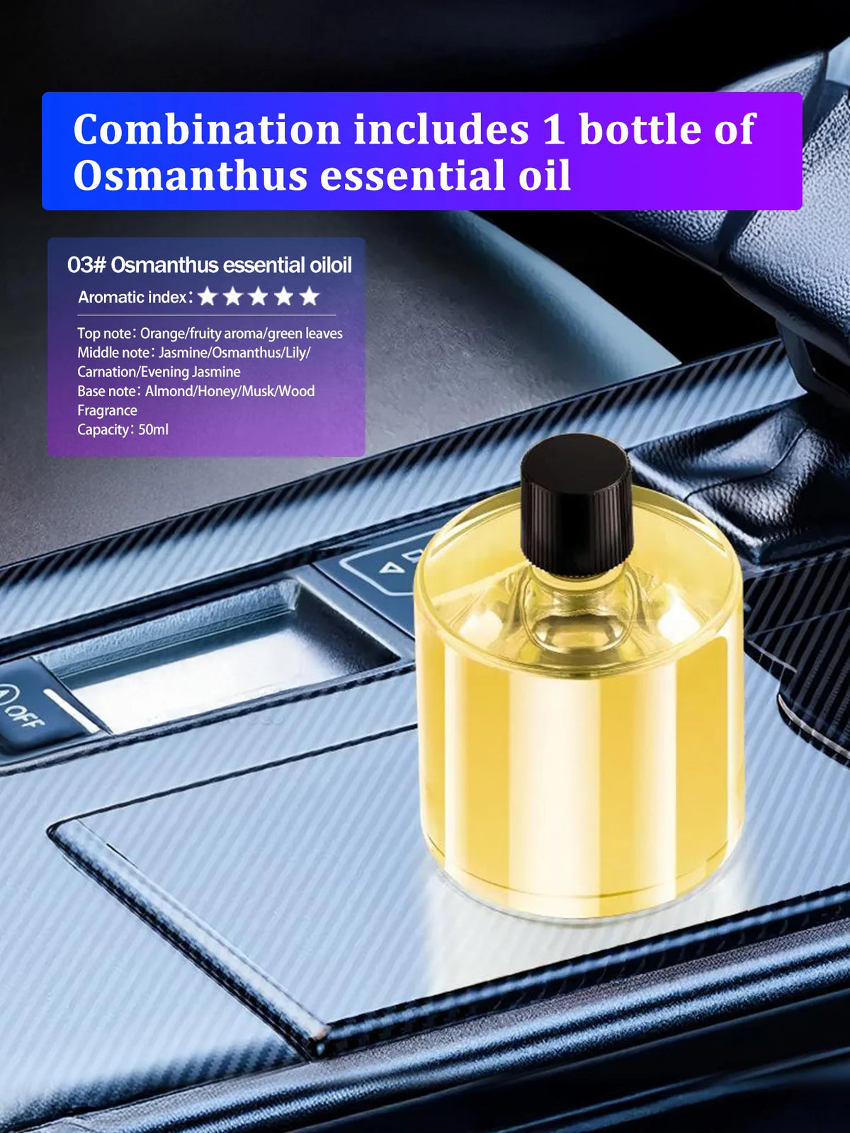 Une bouteille en verre d'huile essentielle d'Osmanthus posée sur une console de voiture sombre.