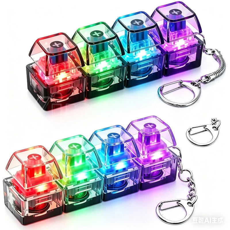 A set of colorful LED macaron keyboard fidget toys packaged as a keychain with silver rings.