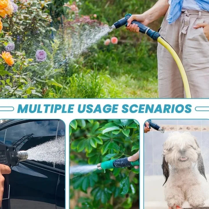 A hand sprays water from a stainless steel high-pressure washer nozzle onto plants and a car surface.