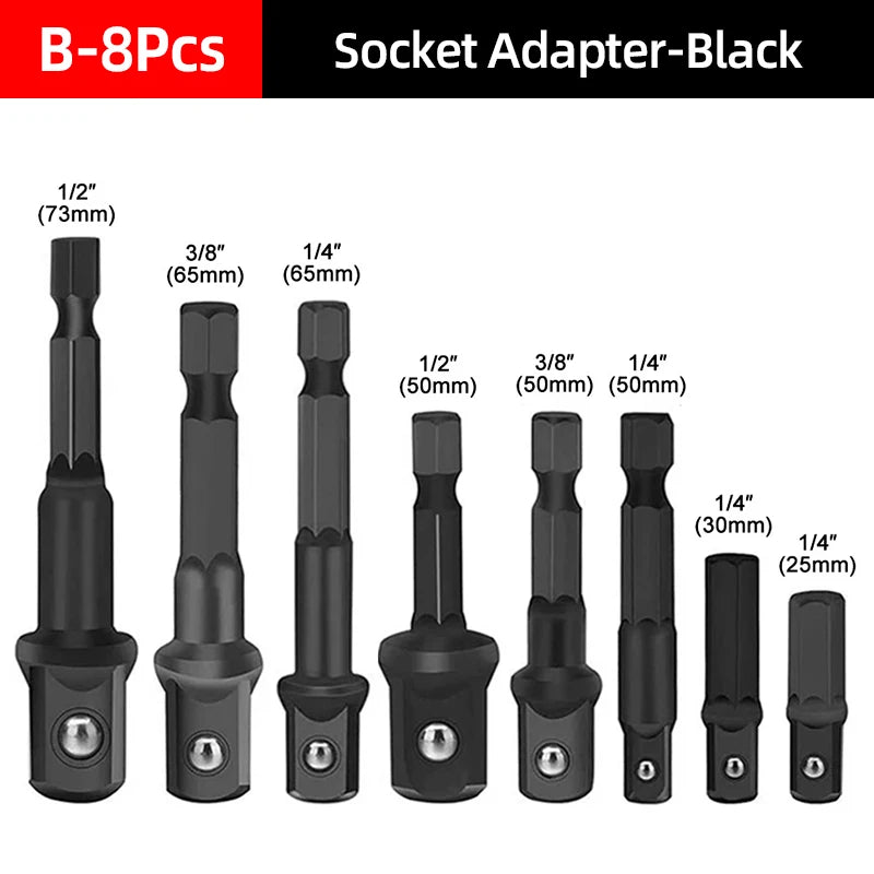 Hex Shank Socket Adapter Set for Power Drills (1/4, 3/8, 1/2 Inch)