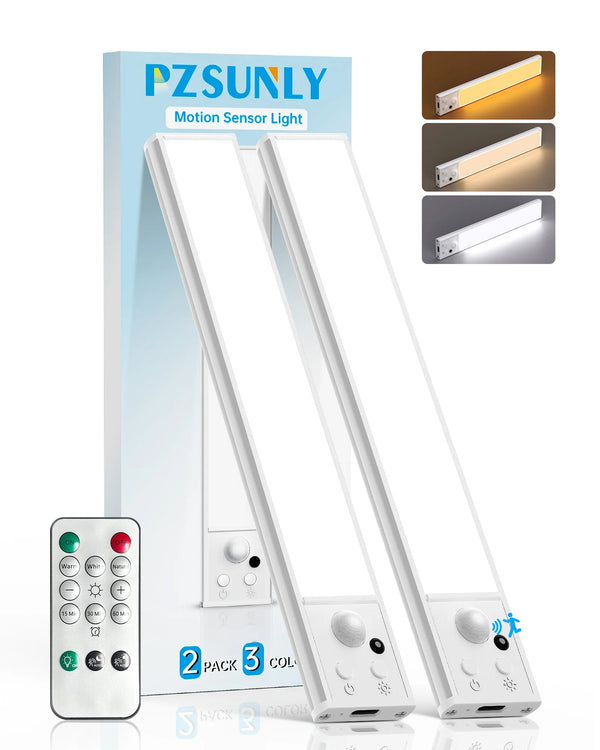 Ein Set von drei wiederaufladbaren LED-Bewegungsmelderleuchten mit Fernbedienung und Verpackung.