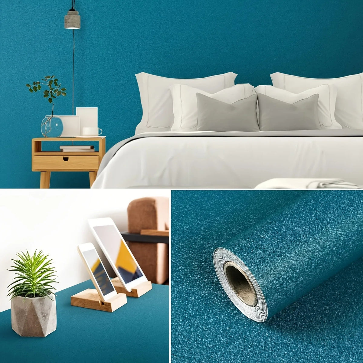 A roll of teal blue self-adhesive peel-and-stick wallpaper is shown against a solid teal background.