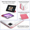 A clear pink slim trifold iPad case featuring an anti-oxidation coating and an upgraded acrylic backplane.