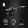 A black dual action polisher tool with various attachments including a speed switch, lock button, push switch, and 5 inch bac