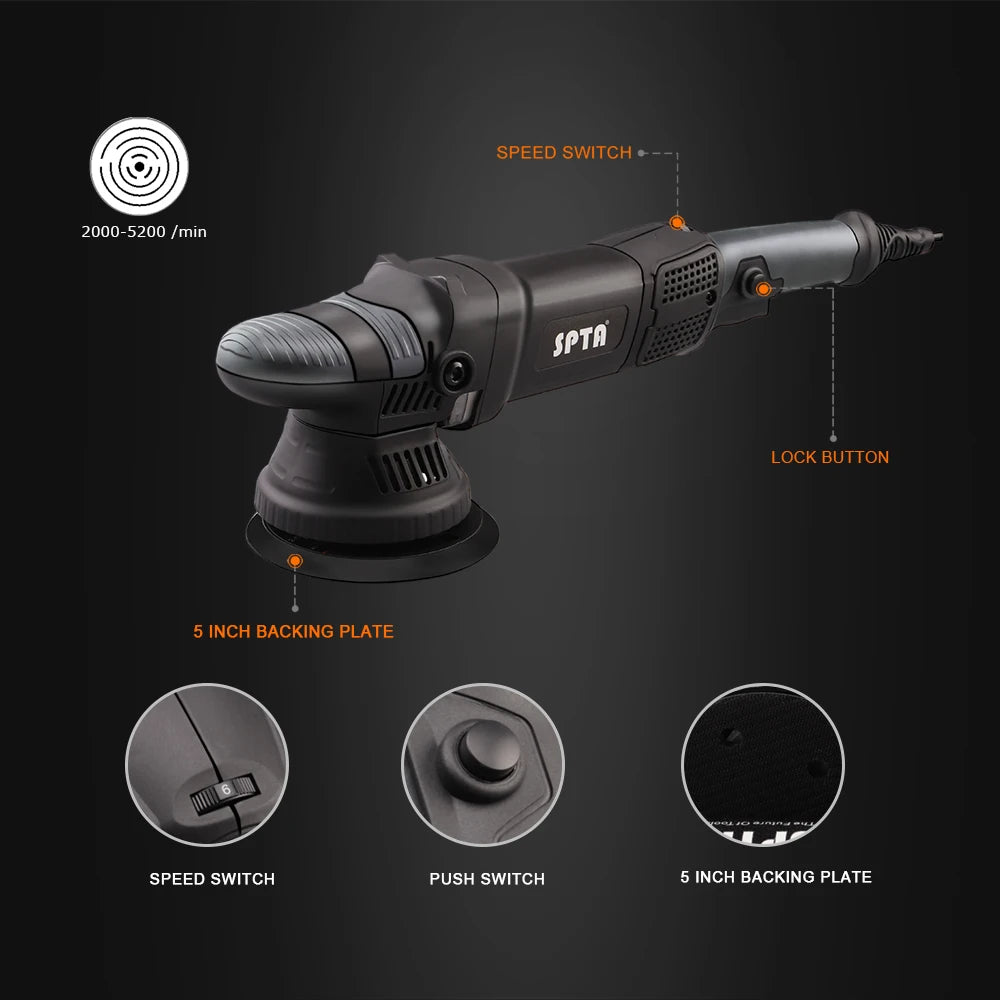 A black dual action polisher tool with various attachments including a speed switch, lock button, push switch, and 5 inch bac