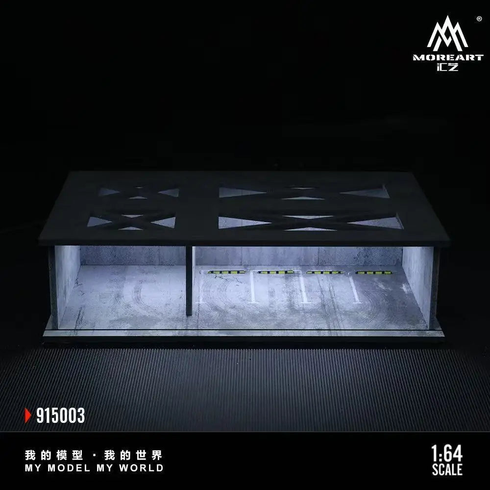 A 1:64 scale miniature garage diorama kit featuring a model car display with internal lighting.