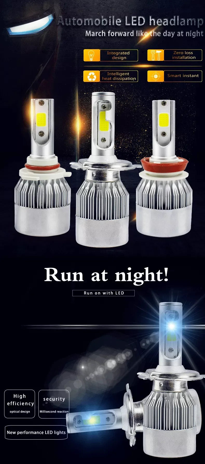 Three automotive LED headlight bulbs shown with integrated design and heat dissipation features.