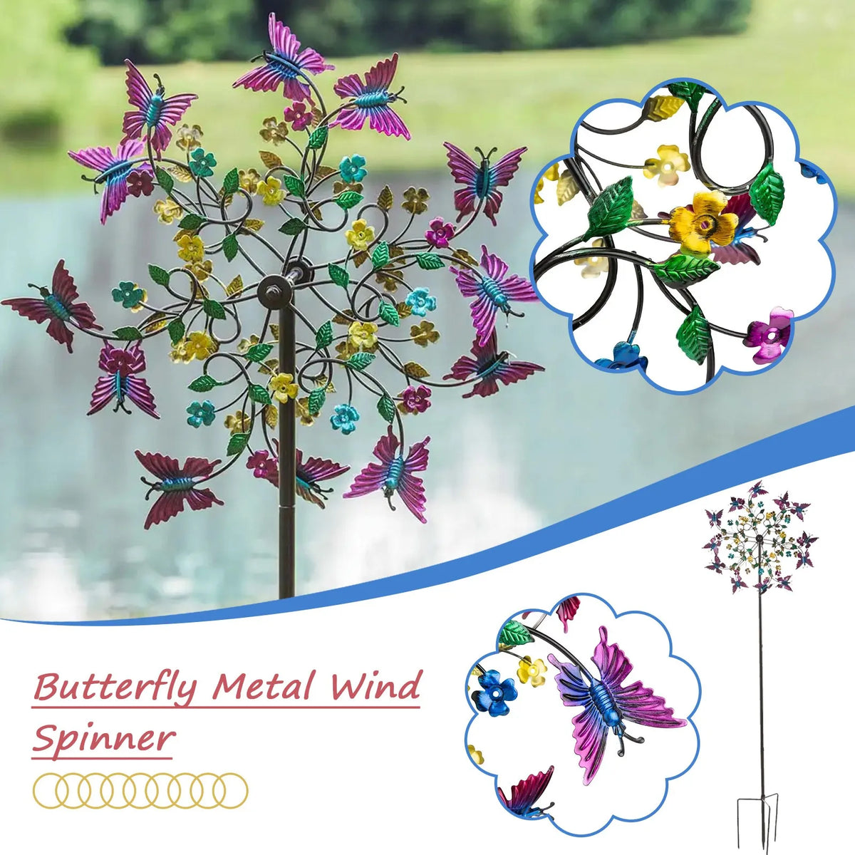 Colorful Butterfly Garden Wind Spinner with Metal Stake