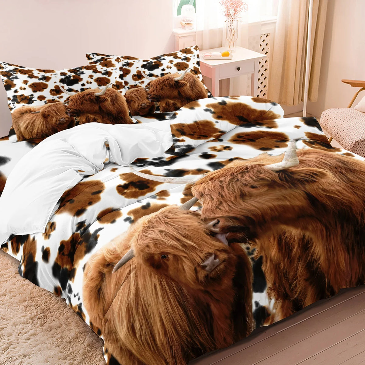 A bedding set featuring a Highland cow print duvet cover and pillowcases with brown and black patterns.