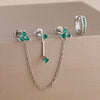 Double-Hole Link Chain Earrings with Green Zircon