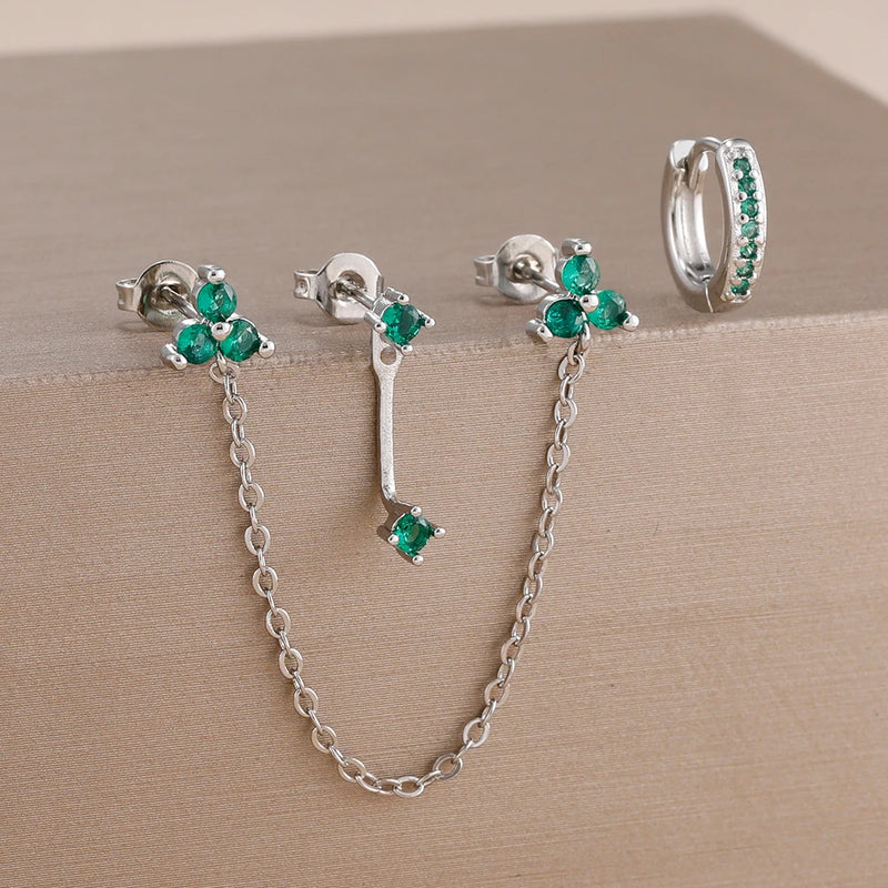 Double-Hole Link Chain Earrings with Green Zircon