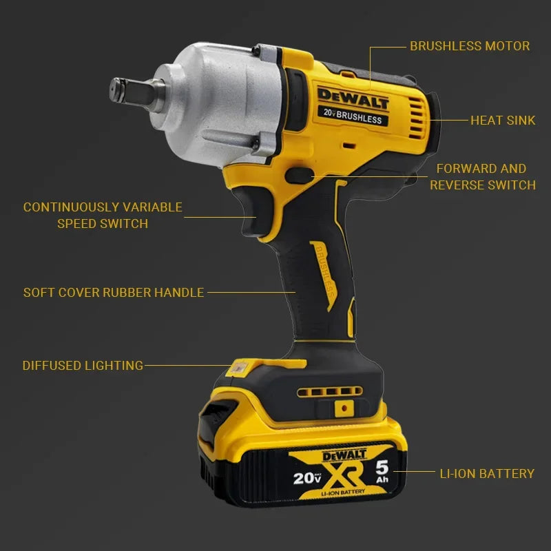 Llave de impacto inalámbrica Dewalt 20V sin escobillas amarilla y negra con mango de goma suave y batería de iones de litio.